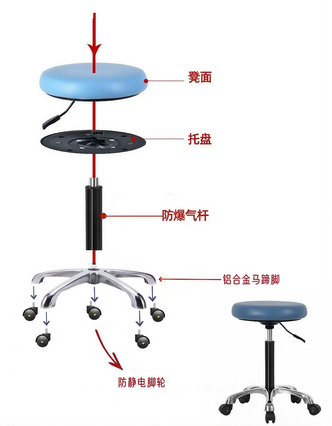 AL-016Clinic & Salon Furniture Ergonomic PU Rolling Stool